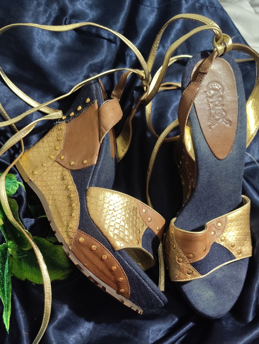 Carlos by Carlos Santana Navy, Gold & Tan Wedge Sandals with Ankle Wrap